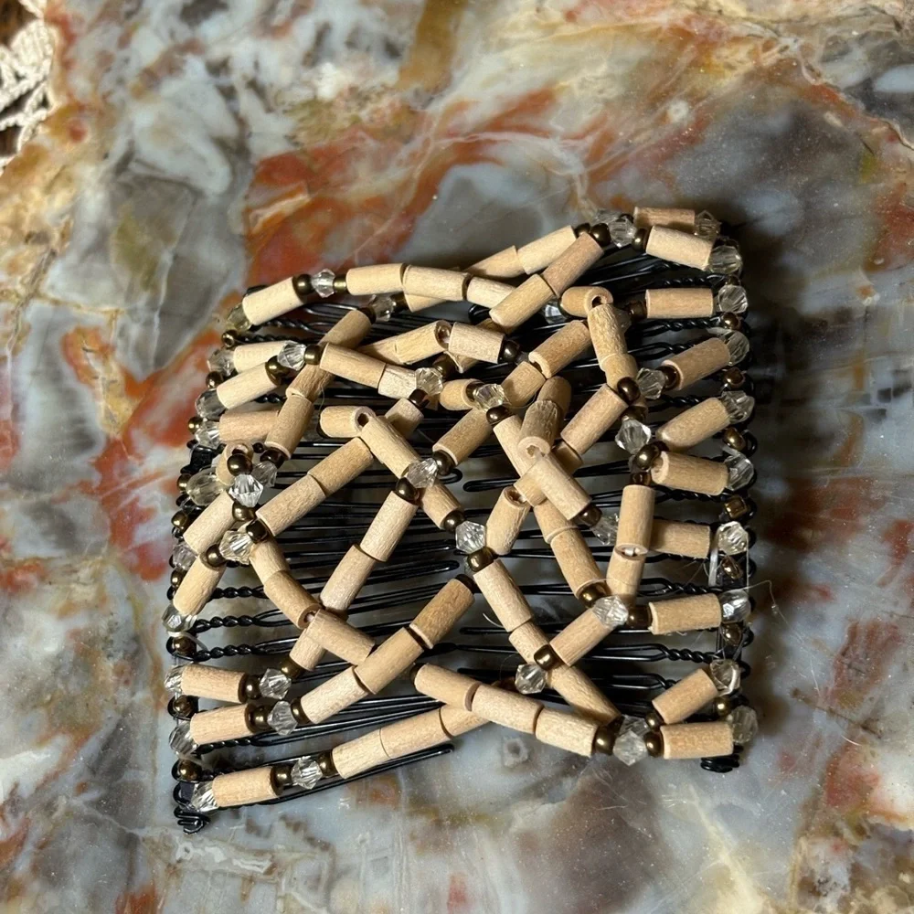Tan/ Cream Wooden Beaded Hair Combs
